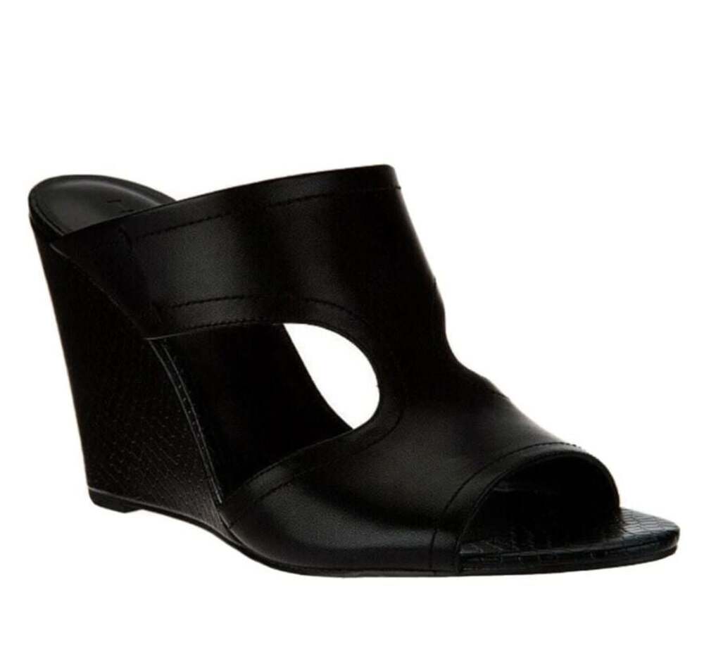 New H by Halston Holly Black Leather Open Toe Cut-Out Wedge Mules Size 8.5M